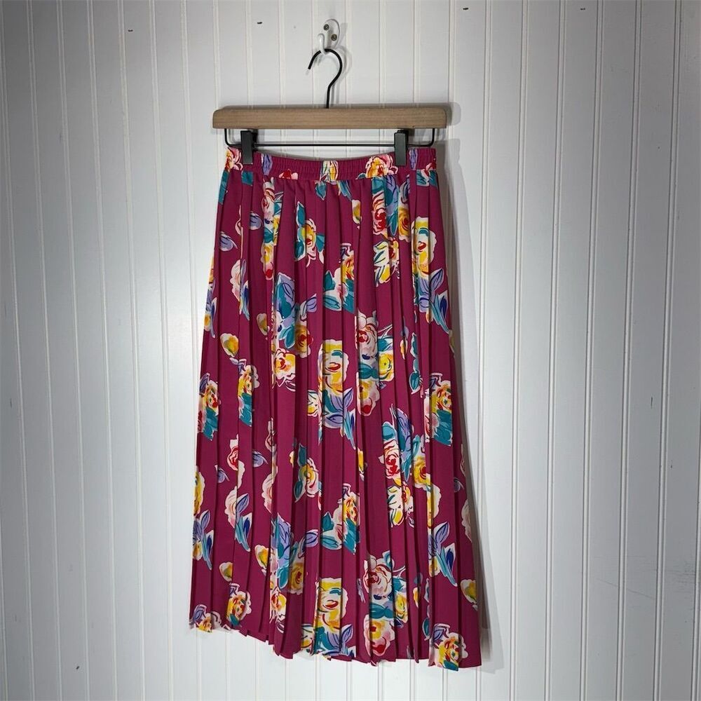 Vintage Alfred Dunner Floral Pleated‎ Midi Skirt 10 Pink Bold Y2K Cottagecore